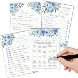 Spanish Bingo, Trivia, Mad Libs | Set of 20 | Spanish Bridal Shower Games - Dusty Blue